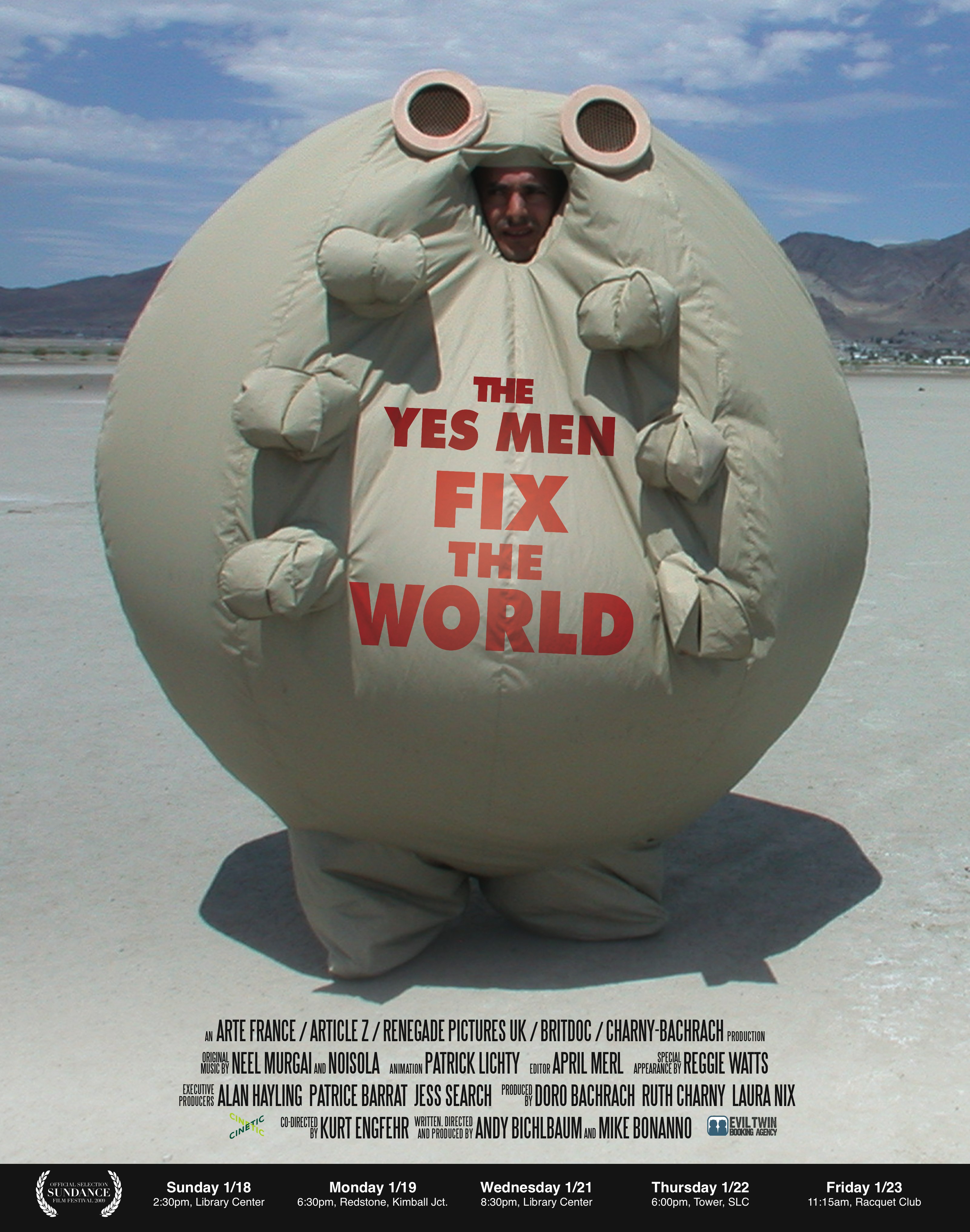Affiche : sur un costume énorme d'insecte à six pattes, le titre : The Yes Men Fix the World. Il est dans un désert au sable gris.