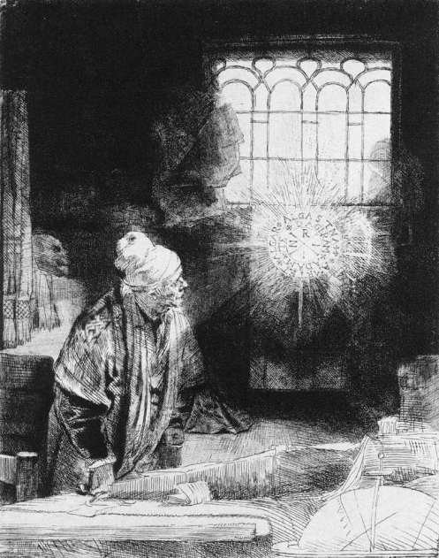 Rembrandt Van Rijn. "A Scholar in his Study," etching and drypoint, c. 1650s